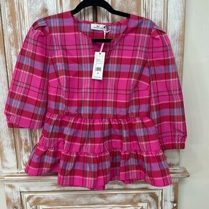 Vineyard vines taffeta party plaid tiered top size XS new with tags